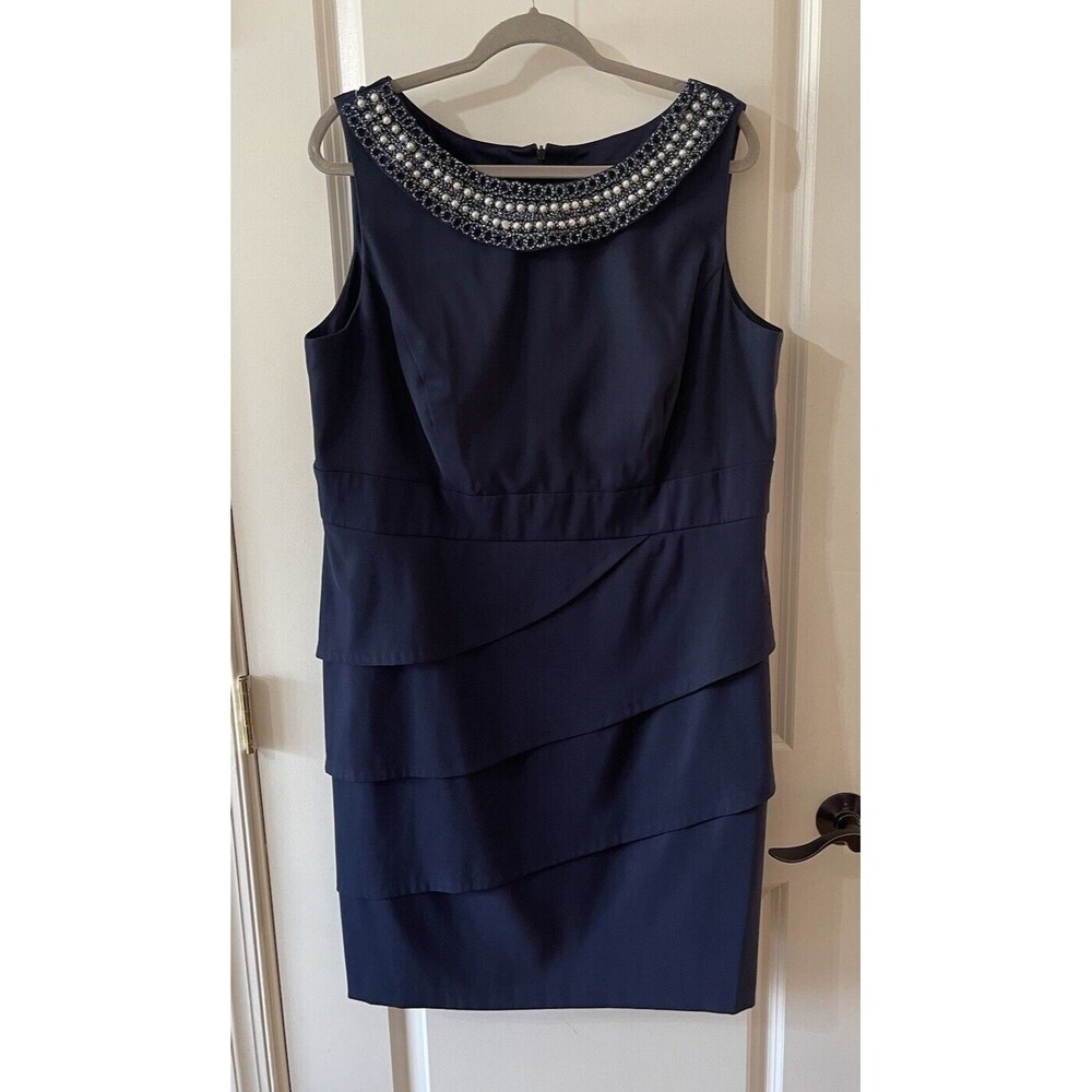 Connected Apparel SZ 16W Women’s Blue Beaded Tiered Sleeveless Dress FLAW BIN C